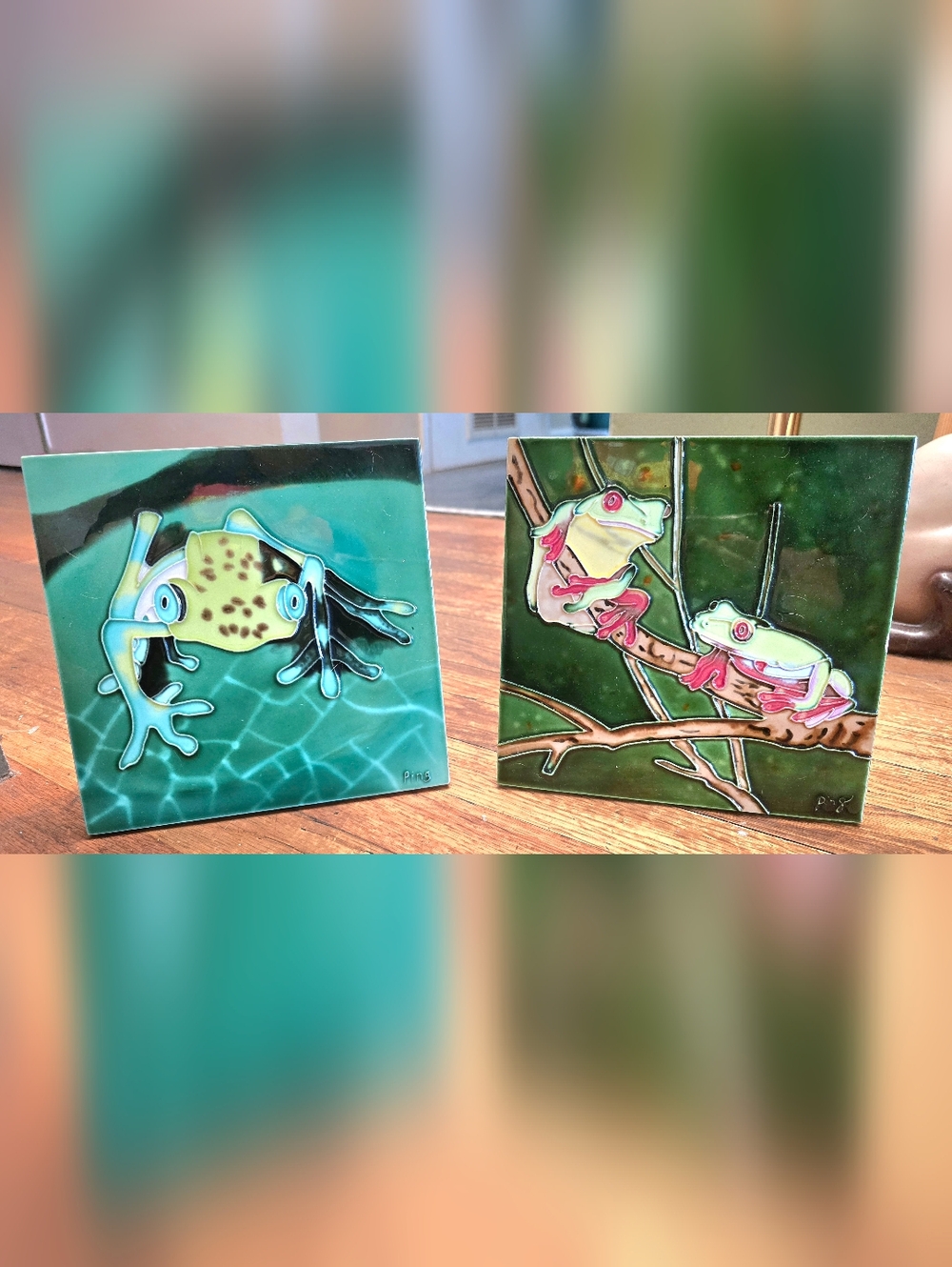 Pair of Art Tile Plaques with Frog and Floral Motifs - Teal & Green